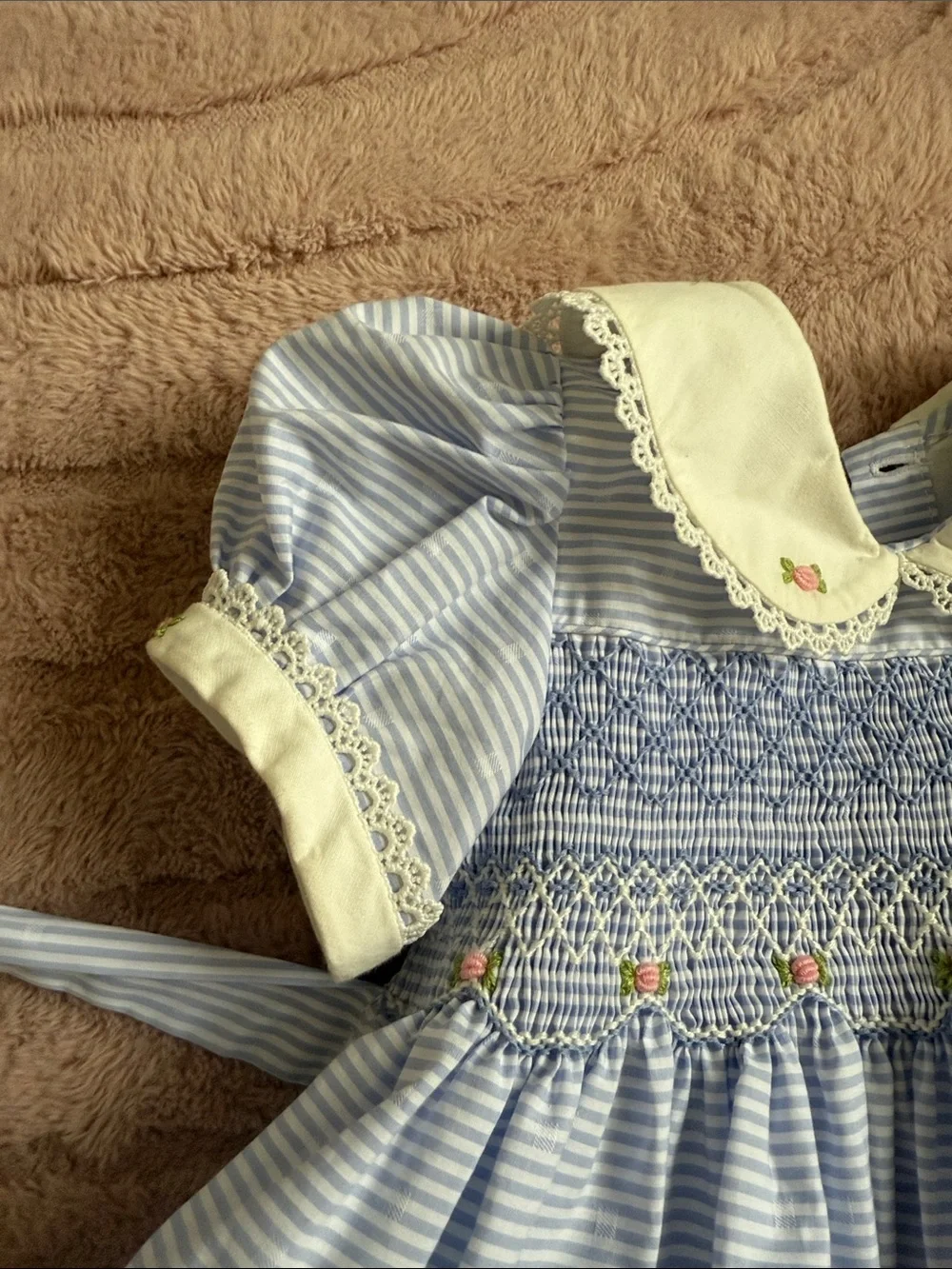Smocked Blue & Cream Peter Pan Collar Kids Dress